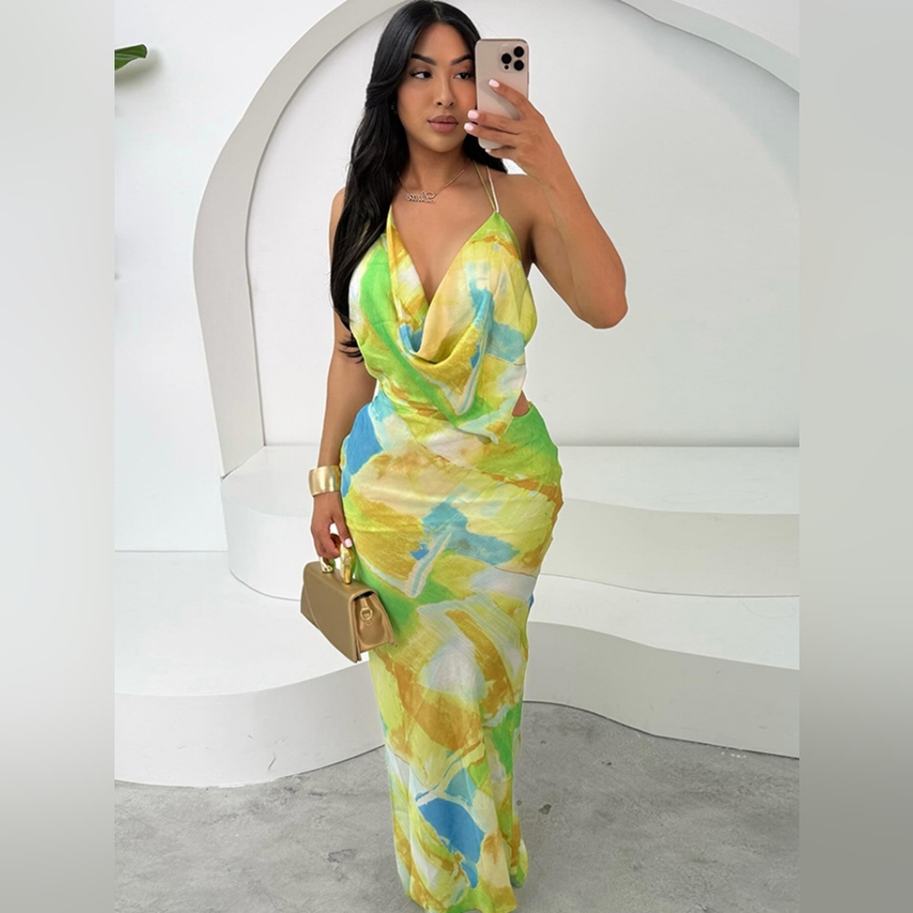 Vibrant Multicolor Maxi Dress Sexy Swing Collar Woman Dress Coquette Print Split
